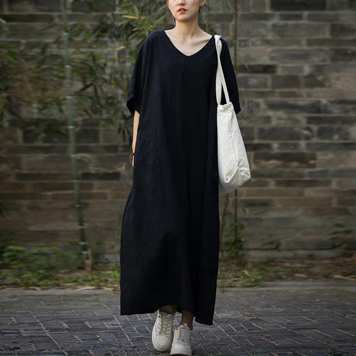 Vestido midi de lino de ramio de media manga con cuello en V de color sólido Buddha Stones con bolsillos - Negro - F (Apto para US4-14; UK/AU8-18; EU36-46) - image 10