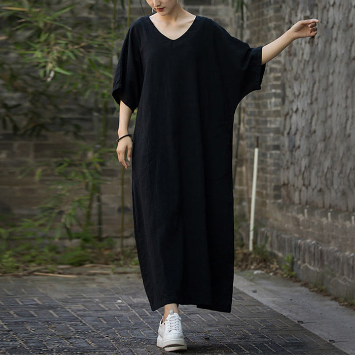 Vestido midi de lino de ramio de media manga con cuello en V de color sólido Buddha Stones con bolsillos