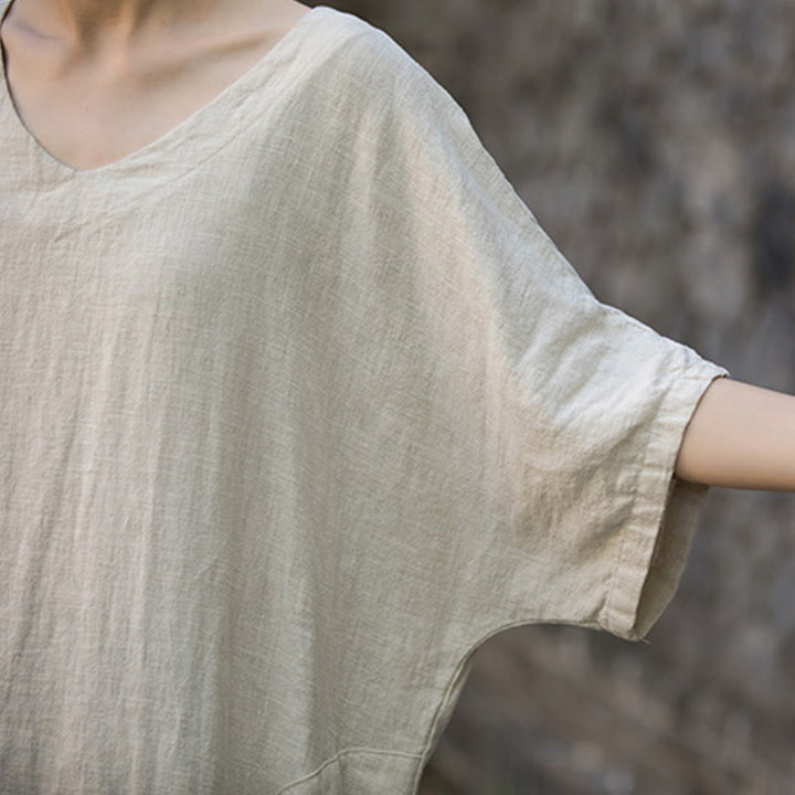 Vestido midi de lino de ramio de media manga con cuello en V de color sólido Buddha Stones con bolsillos - image 3