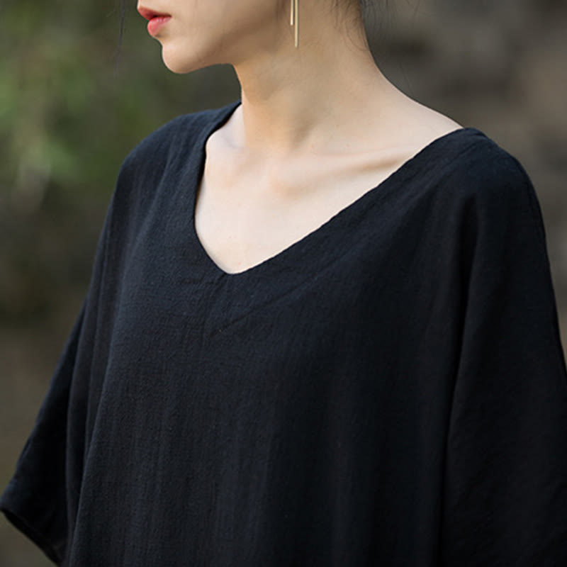 Vestido midi de lino de ramio de media manga con cuello en V de color sólido Buddha Stones con bolsillos