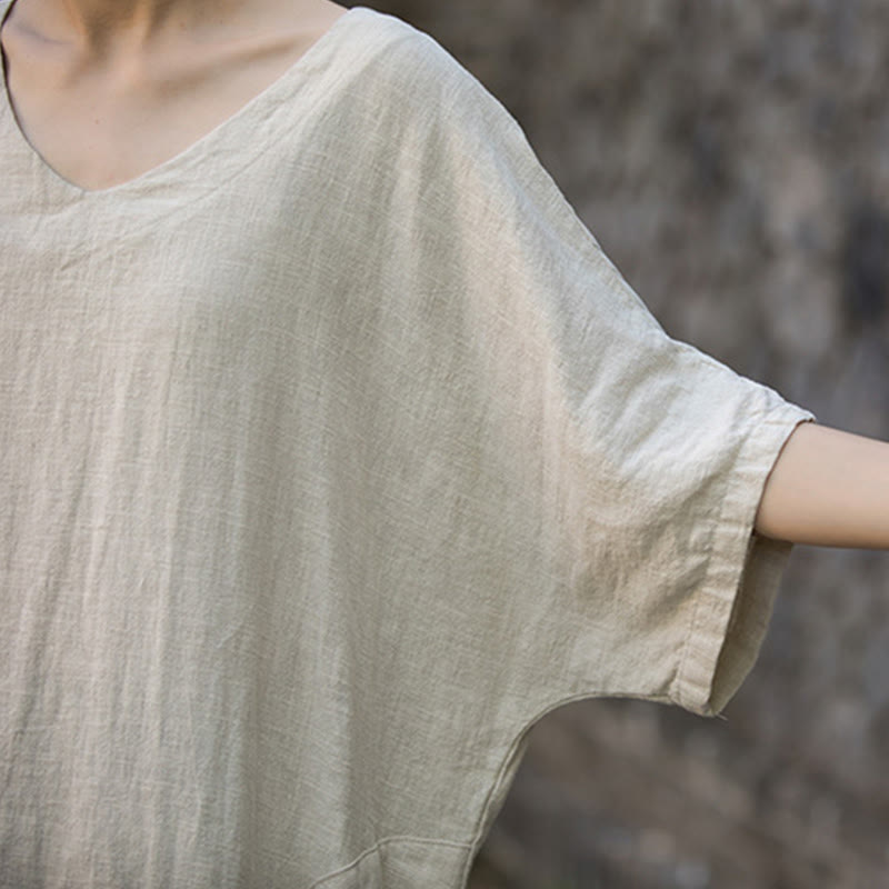Vestido midi de lino de ramio de media manga con cuello en V de color sólido Buddha Stones con bolsillos