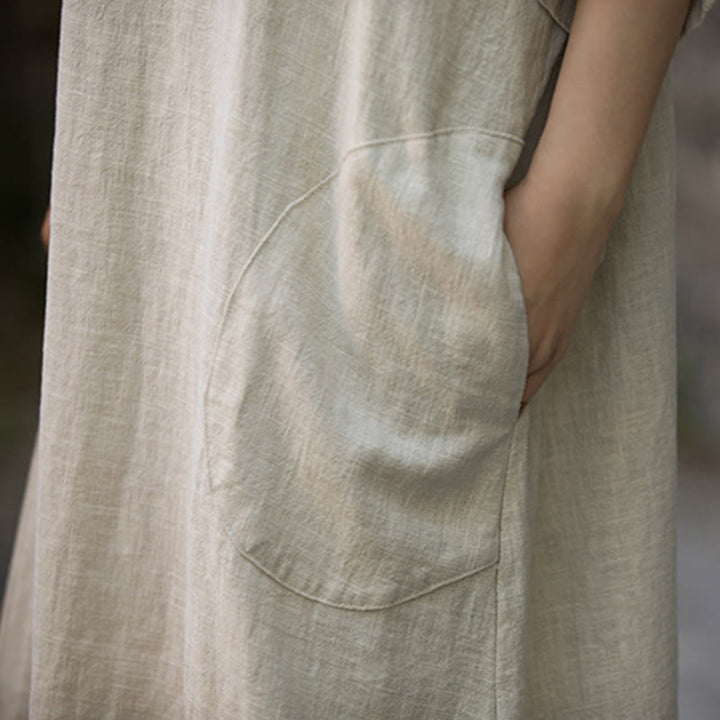 Vestido midi de lino de ramio de media manga con cuello en V de color sólido Buddha Stones con bolsillos