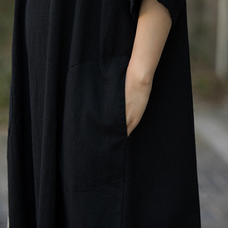 Vestido midi de lino de ramio de media manga con cuello en V de color sólido Buddha Stones con bolsillos - image 16