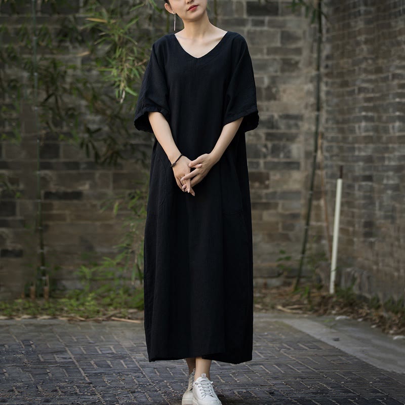 Vestido midi de lino de ramio de media manga con cuello en V de color sólido Buddha Stones con bolsillos