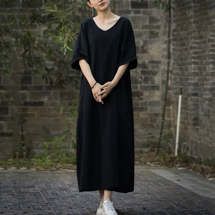 Vestido midi de lino de ramio de media manga con cuello en V de color sólido Buddha Stones con bolsillos