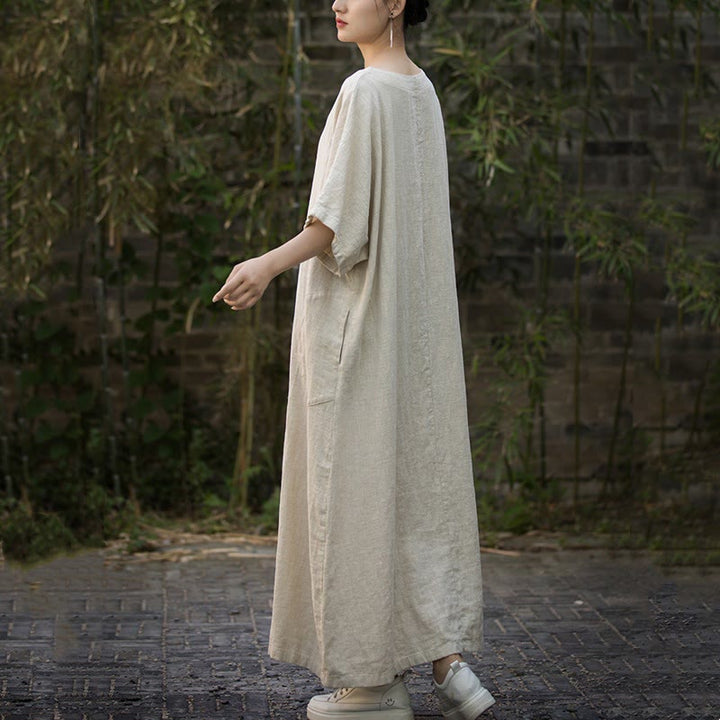 Vestido midi de lino de ramio de media manga con cuello en V de color sólido Buddha Stones con bolsillos