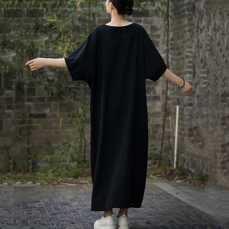 Vestido midi de lino de ramio de media manga con cuello en V de color sólido Buddha Stones con bolsillos