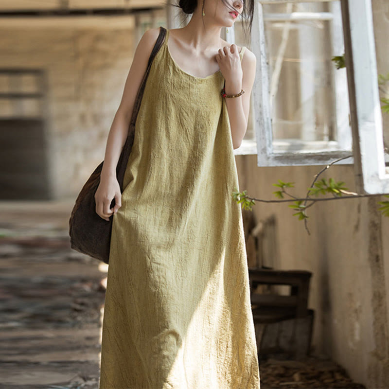 Buddha Stones Vestido Midi de Verano con Tirantes Spaghetti Hecho a Mano de Lino y Tintura Anudada - LimónChiffon - F (Apto para US4-8/10; UK/AU8-12/14; UE 36-40/42) - image 0