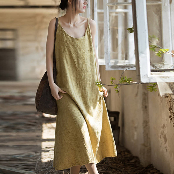 Buddha Stones Vestido Midi de Verano con Tirantes Spaghetti Hecho a Mano de Lino y Tintura Anudada - image 1