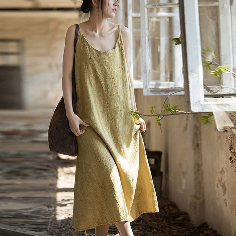 Buddha Stones Vestido Midi de Verano con Tirantes Spaghetti Hecho a Mano de Lino y Tintura Anudada - image 1