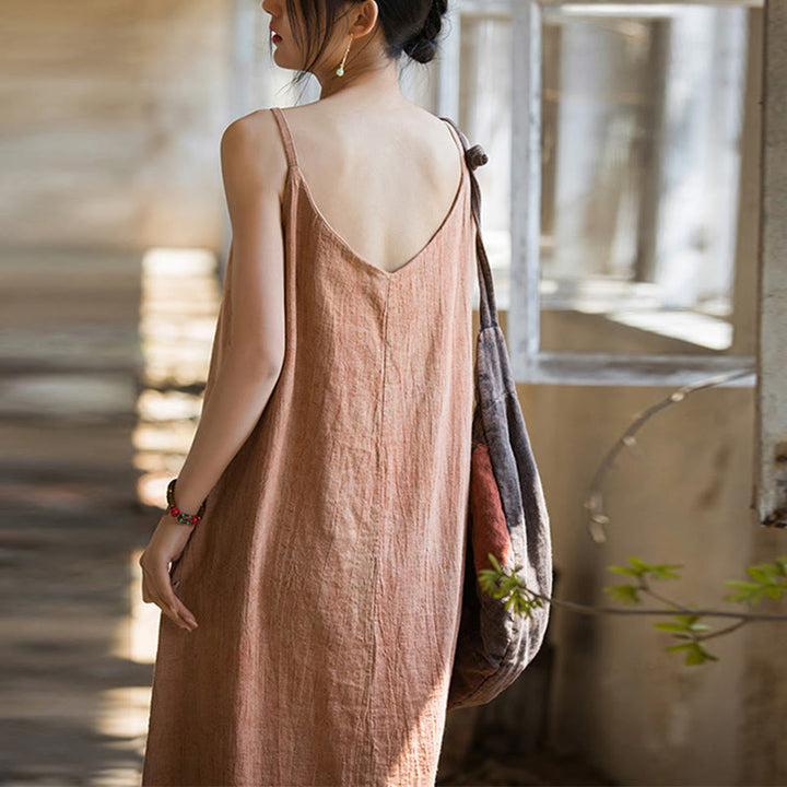 Buddha Stones Vestido Midi de Verano con Tirantes Spaghetti Hecho a Mano de Lino y Tintura Anudada - image 14