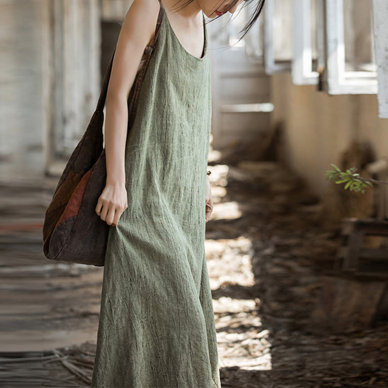 Buddha Stones Vestido Midi de Verano con Tirantes Spaghetti Hecho a Mano de Lino y Tintura Anudada - image 10