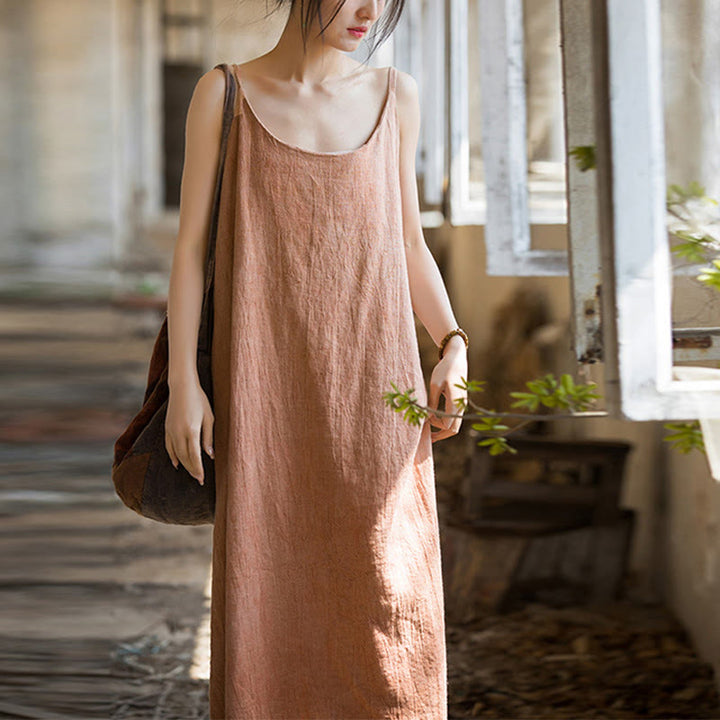 Buddha Stones Vestido Midi de Verano con Tirantes Spaghetti Hecho a Mano de Lino y Tintura Anudada - Mocasín - F (Apto para US4-8/10; UK/AU8-12/14; UE 36-40/42) - image 12