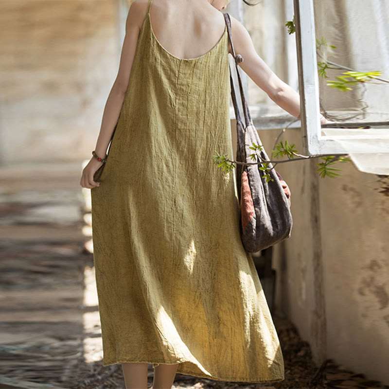 Buddha Stones Vestido Midi de Verano con Tirantes Spaghetti Hecho a Mano de Lino y Tintura Anudada - image 2