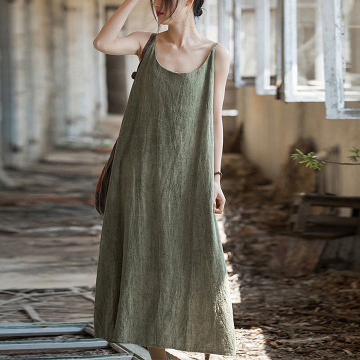 Buddha Stones Vestido Midi de Verano con Tirantes Spaghetti Hecho a Mano de Lino y Tintura Anudada - image 11