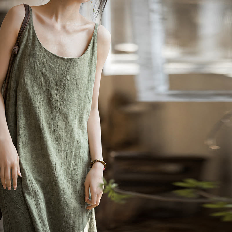 Buddha Stones Vestido Midi de Verano con Tirantes Spaghetti Hecho a Mano de Lino y Tintura Anudada - image 8