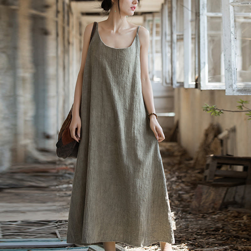 Buddha Stones Vestido Midi de Verano con Tirantes Spaghetti Hecho a Mano de Lino y Tintura Anudada - image 18