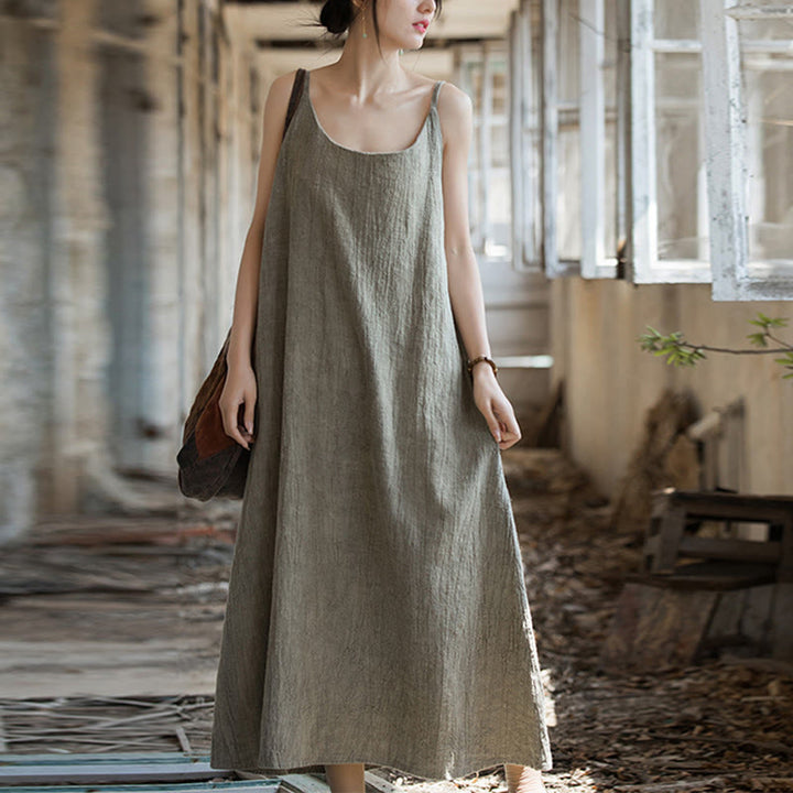 Buddha Stones Vestido Midi de Verano con Tirantes Spaghetti Hecho a Mano de Lino y Tintura Anudada - image 18