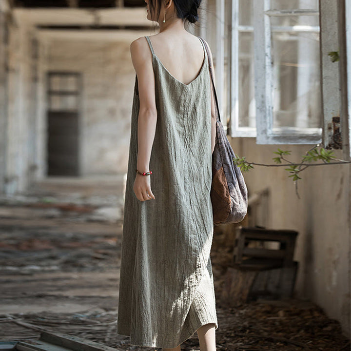 Buddha Stones Vestido Midi de Verano con Tirantes Spaghetti Hecho a Mano de Lino y Tintura Anudada - image 19