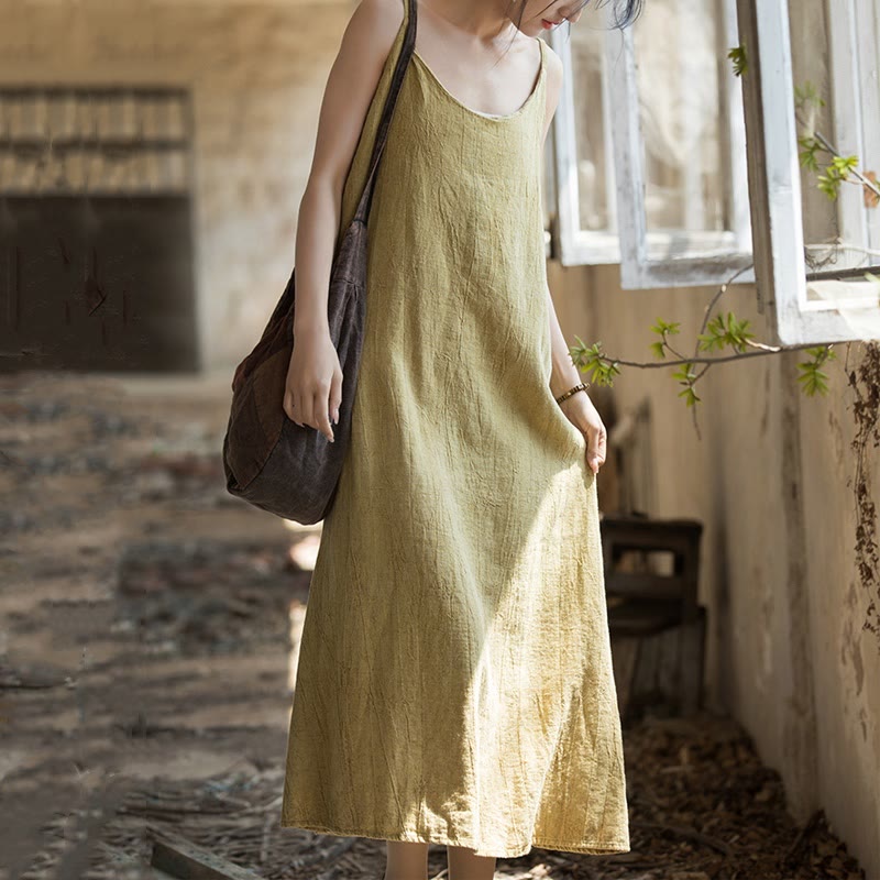 Buddha Stones Vestido Midi de Verano con Tirantes Spaghetti Hecho a Mano de Lino y Tintura Anudada - image 3