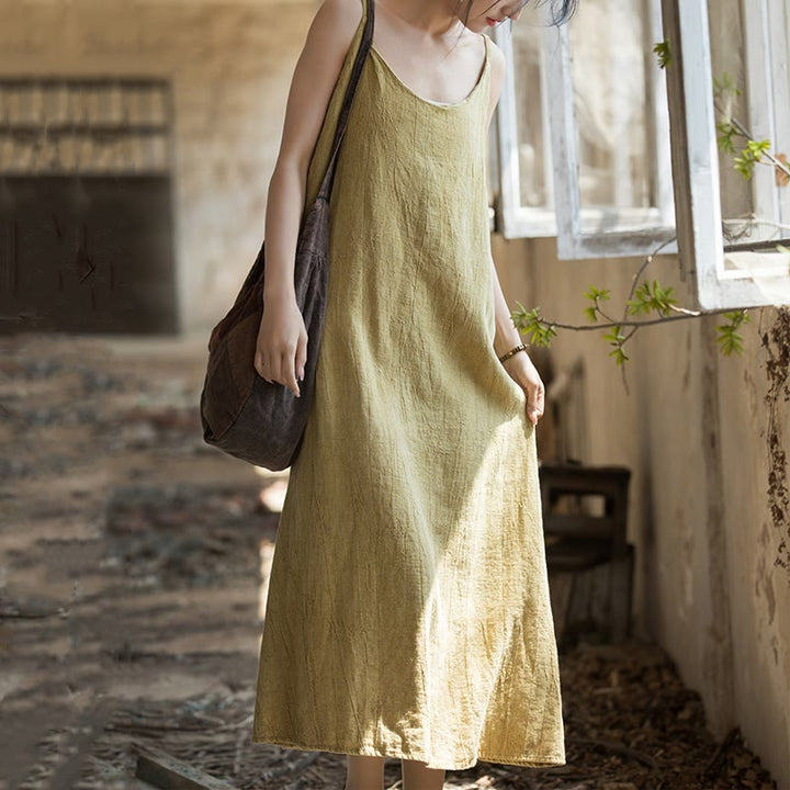 Buddha Stones Vestido Midi de Verano con Tirantes Spaghetti Hecho a Mano de Lino y Tintura Anudada - image 3