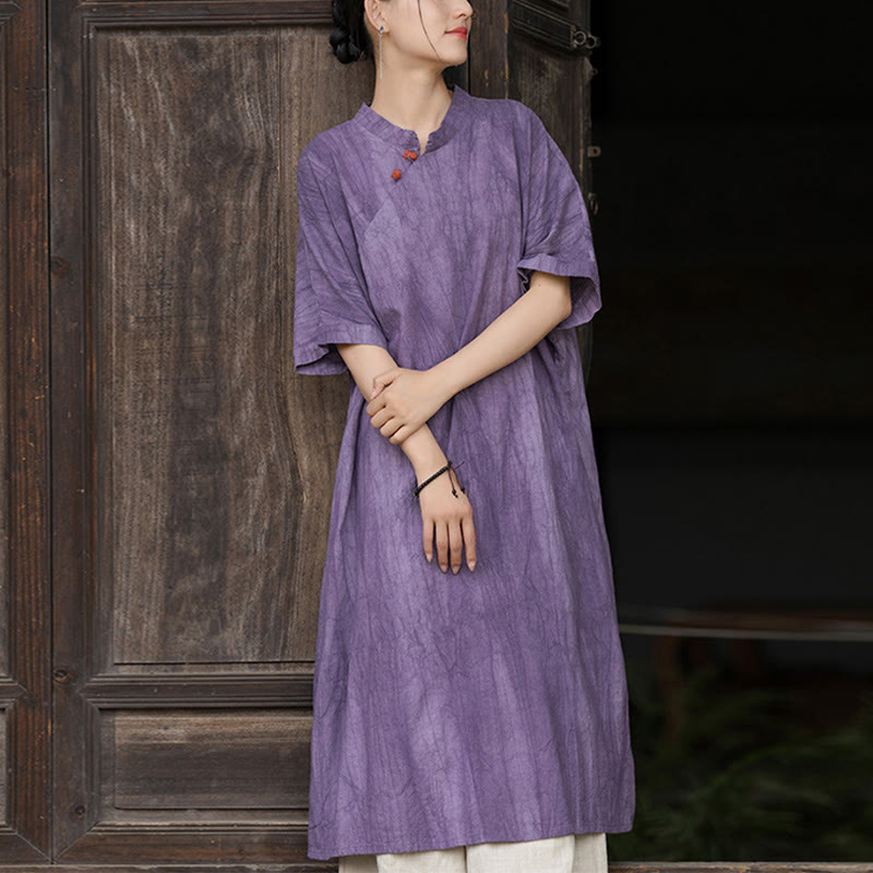 Vestido de mujer de manga corta, por debajo de la rodilla, con bolsillos, de lino ramio teñido con la técnica tie-dye, con estampado de Buddha Stones. - Vestido morado (solo vestido) - US4-6, UK/AU8-10, EU36-38 (F) - image 1