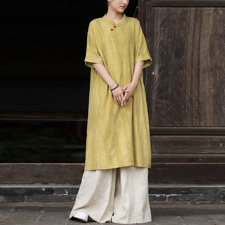 Vestido de mujer de manga corta, por debajo de la rodilla, con bolsillos, de lino ramio teñido con la técnica tie-dye, con estampado de Buddha Stones. - Vestido amarillo y pantalones caqui - US4-6, UK/AU8-10, EU36-38 (F) - image 5