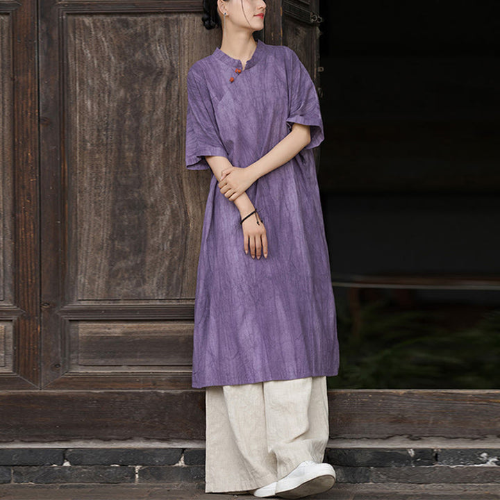 Vestido de mujer de manga corta, por debajo de la rodilla, con bolsillos, de lino ramio teñido con la técnica tie-dye, con estampado de Buddha Stones. - Vestido morado y pantalones caqui - US4-6, UK/AU8-10, EU36-38 (F) - image 0