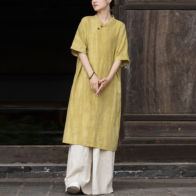 Vestido de mujer de manga corta, por debajo de la rodilla, con bolsillos, de lino ramio teñido con la técnica tie-dye, con estampado de Buddha Stones. - image 6