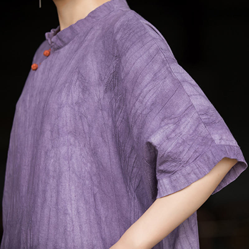 Vestido de mujer de manga corta, por debajo de la rodilla, con bolsillos, de lino ramio teñido con la técnica tie-dye, con estampado de Buddha Stones. - image 3