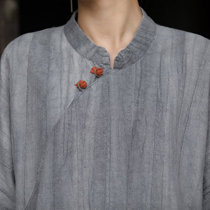 Vestido de mujer de manga corta, por debajo de la rodilla, con bolsillos, de lino ramio teñido con la técnica tie-dye, con estampado de Buddha Stones. - image 16