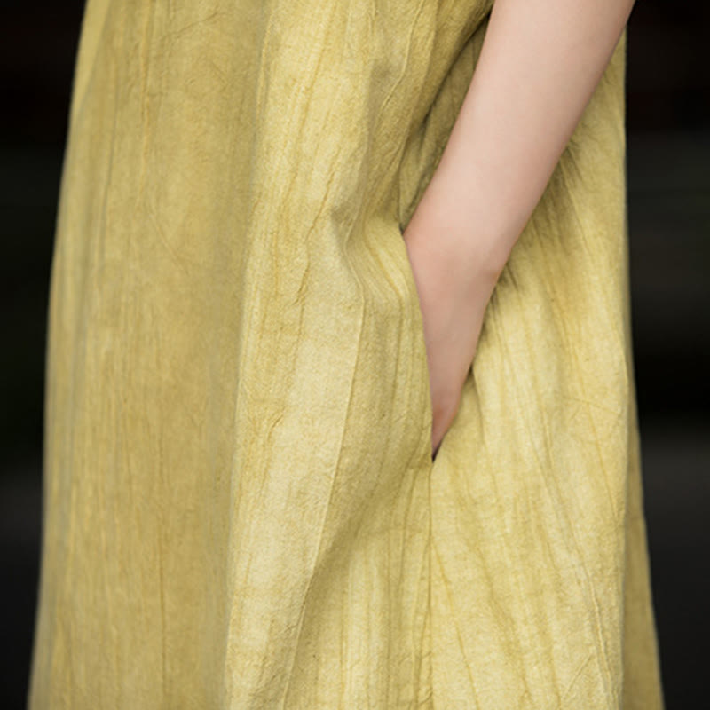 Vestido de mujer de manga corta, por debajo de la rodilla, con bolsillos, de lino ramio teñido con la técnica tie-dye, con estampado de Buddha Stones. - image 11