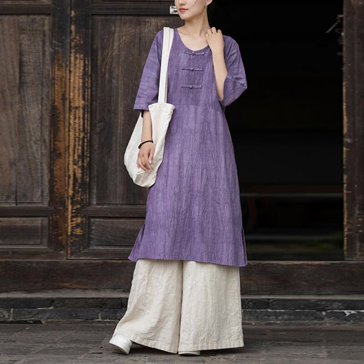 Buddha Stones Vestido midi de lino de ramio teñido a mano con botones de rana y bolsillos y pantalones de pierna ancha - Vestido morado y pantalones caqui - US4-8/10， UK/AU8-12/14， EU36-40/42 (F) - image 0