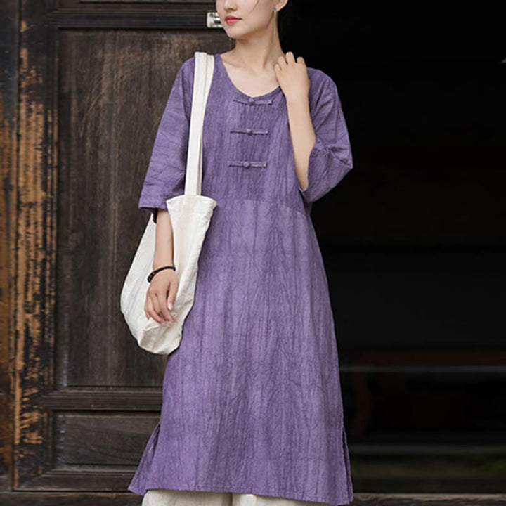 Buddha Stones Vestido midi de lino de ramio teñido a mano con botones de rana y bolsillos y pantalones de pierna ancha - Vestido morado (solo vestido) - US4-8/10, UK/AU8-12/14, EU36-40/42 (F) - image 6