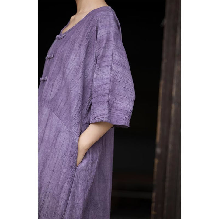 Buddha Stones Vestido midi de lino de ramio teñido a mano con botones de rana y bolsillos y pantalones de pierna ancha - image 12