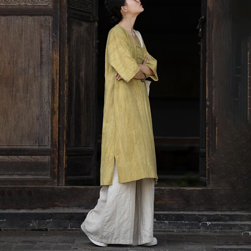 Buddha Stones Vestido midi de lino de ramio teñido a mano con botones de rana y bolsillos y pantalones de pierna ancha - image 25