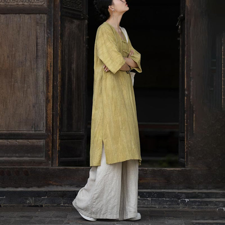 Buddha Stones Vestido midi de lino de ramio teñido a mano con botones de rana y bolsillos y pantalones de pierna ancha - image 25