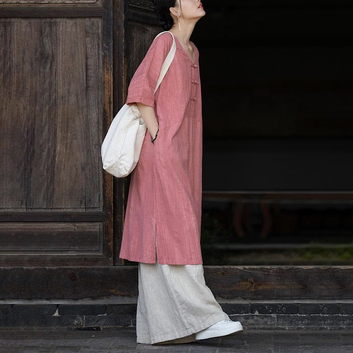 Buddha Stones Vestido midi de lino de ramio teñido a mano con botones de rana y bolsillos y pantalones de pierna ancha - image 15