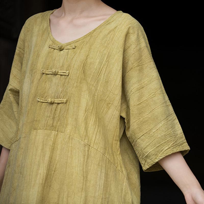 Buddha Stones Vestido midi de lino de ramio teñido a mano con botones de rana y bolsillos y pantalones de pierna ancha - image 29