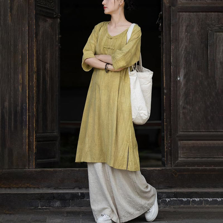 Buddha Stones Vestido midi de lino de ramio teñido a mano con botones de rana y bolsillos y pantalones de pierna ancha - image 26