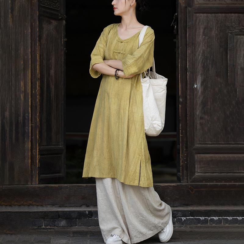 Buddha Stones Vestido midi de lino de ramio teñido a mano con botones de rana y bolsillos y pantalones de pierna ancha - image 26