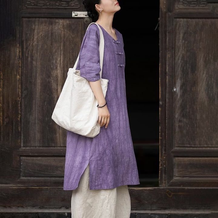 Buddha Stones Vestido midi de lino de ramio teñido a mano con botones de rana y bolsillos y pantalones de pierna ancha - image 8