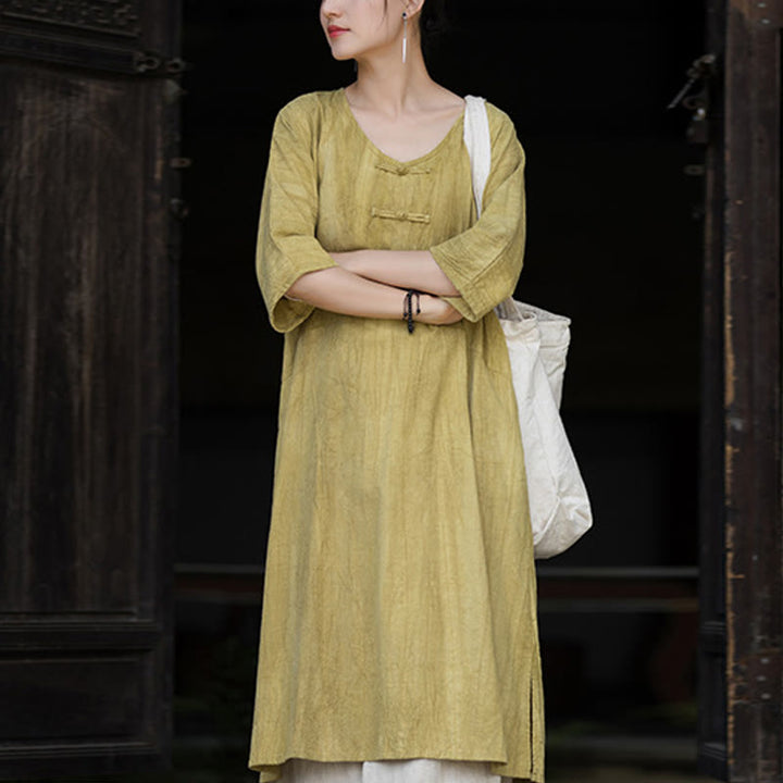 Buddha Stones Vestido midi de lino de ramio teñido a mano con botones de rana y bolsillos y pantalones de pierna ancha - Vestido amarillo (solo vestido) - US4-8/10， UK/AU8-12/14， EU36-40/42 (F) - image 28