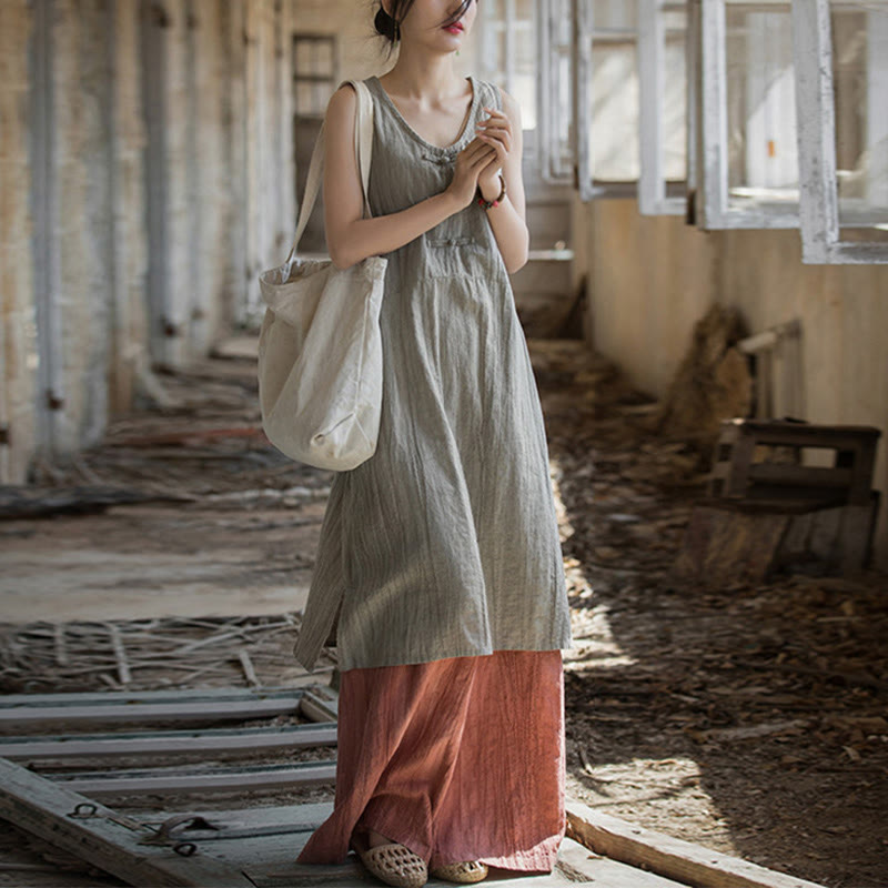 Buddha Stones Vestido camisero sin mangas con botones de rana Pantalones de pierna ancha de lino y ramio con bolsillos - Vestido de lino y pantalones rojos - US4-8/10， UK/AU8-12/14， EU36-40/42 (F) - image 11