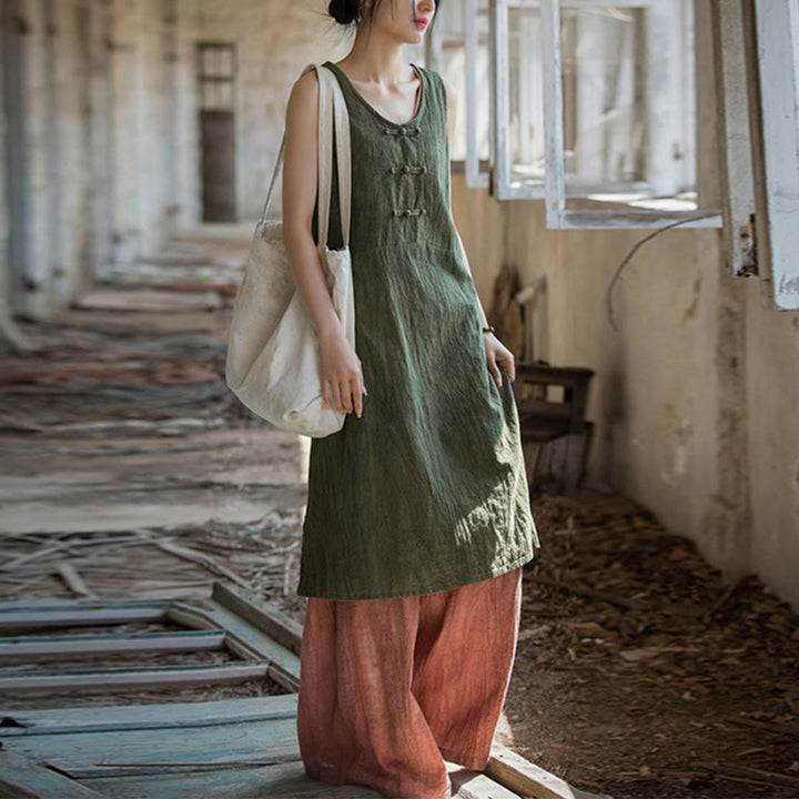 Vestido de lino ramio sin mangas hasta la rodilla con bolsillos y botones de rana, estampado de Buddha Stones. - Vestido verde mar oscuro y pantalones rojos - US4-8/10, UK/AU8-12/14, EU36-40/42 (F) - image 18