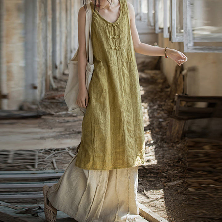 Buddha Stones Vestido camisero sin mangas con botones de rana Pantalones de pierna ancha de lino y ramio con bolsillos - Vestido amarillo y pantalones beige - US4-8/10, UK/AU8-12/14, EU36-40/42 (F) - image 0