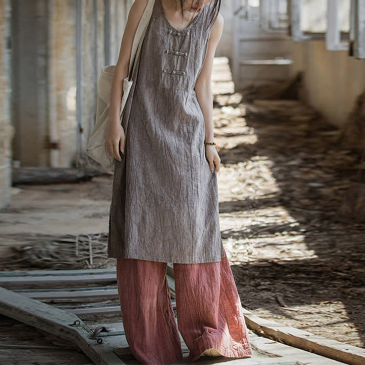 Vestido de lino ramio sin mangas hasta la rodilla con bolsillos y botones de rana, estampado de Buddha Stones. - Vestido Thistle y pantalones rojos - US4-8/10, UK/AU8-12/14, EU36-40/42 (F) - image 26