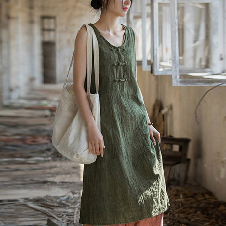 Vestido de lino ramio sin mangas hasta la rodilla con bolsillos y botones de rana, estampado de Buddha Stones. - Vestido verde mar oscuro (solo el vestido) - US4-8/10, UK/AU8-12/14, EU36-40/42 (F) - image 23