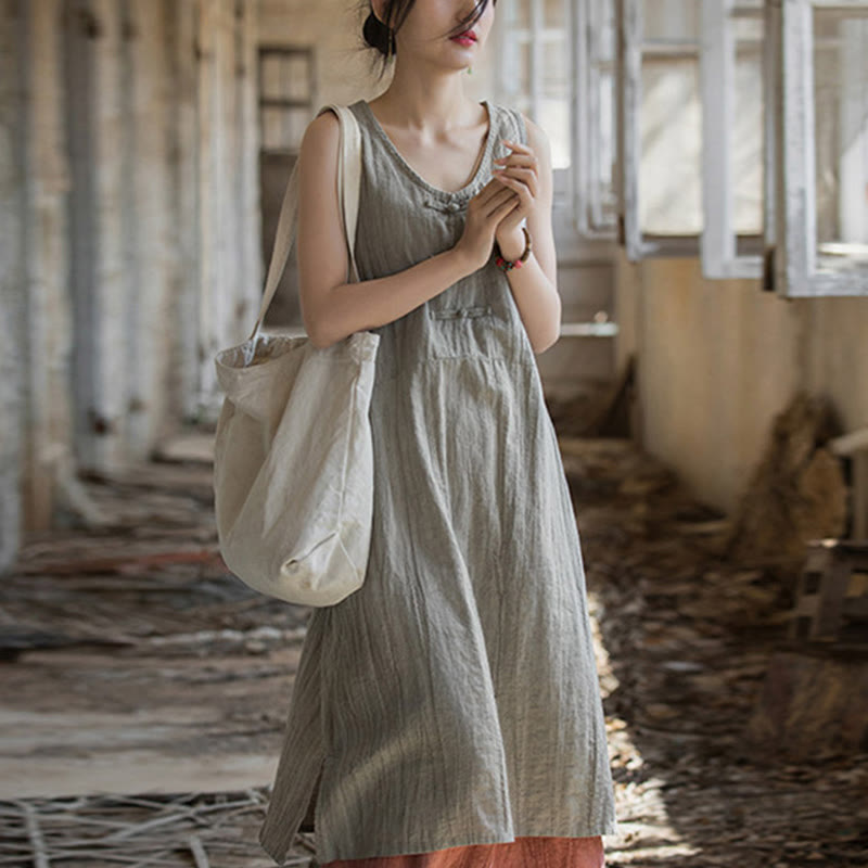 Buddha Stones Vestido camisero sin mangas con botones de rana Pantalones de pierna ancha de lino y ramio con bolsillos - Vestido de lino (solo vestido) - US4-8/10, UK/AU8-12/14, EU36-40/42 (F) - image 14