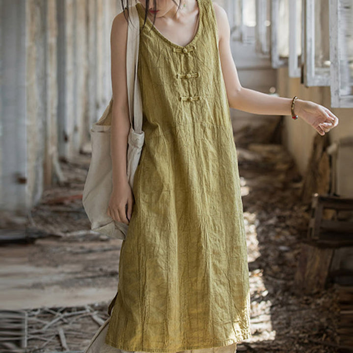Vestido de lino ramio sin mangas hasta la rodilla con bolsillos y botones de rana, estampado de Buddha Stones. - Vestido amarillo (solo vestido) - US4-8/10, UK/AU8-12/14, EU36-40/42 (F) - image 7